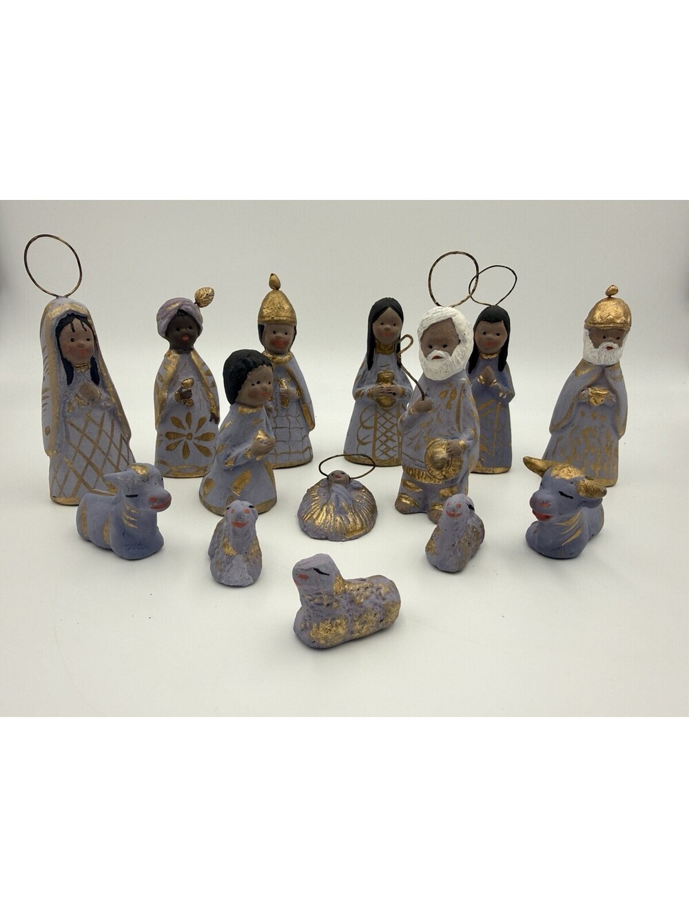 14 pc Vintage Mexican Pottery Nativity Set Holy Family Angel Kings Cow Sheep